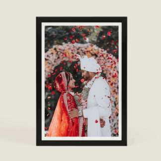 Elegant wedding photo frame with couple in traditional attire. Perfect for custom printing and gifti.