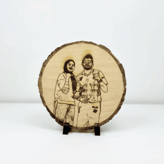 Custom engraved wooden photo frame with a couple illustration.