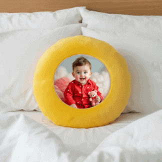 Custom round yellow plushie with photo insert for decorative and sentimental use.