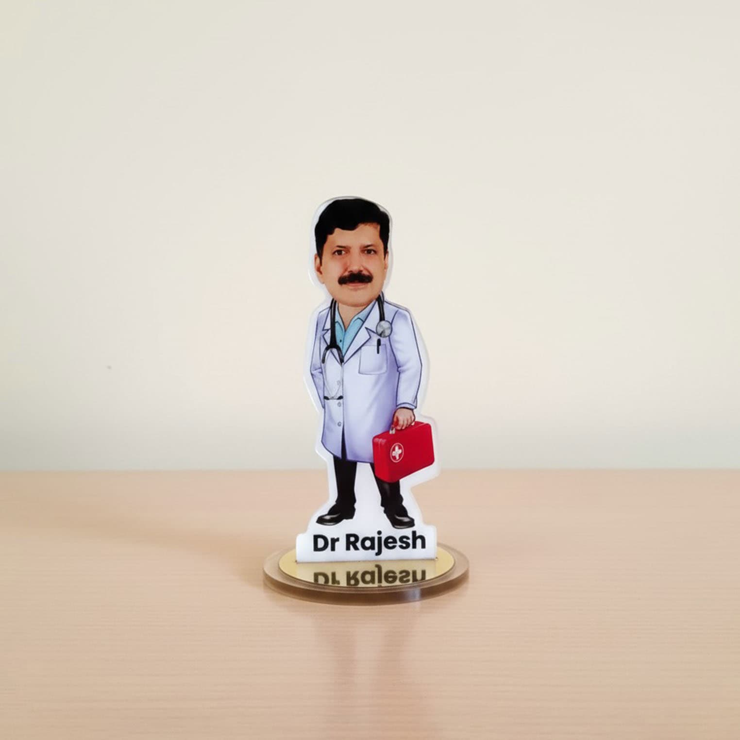 Custom caricature of a doctor holding a medical bag, perfect for personalized gifts.