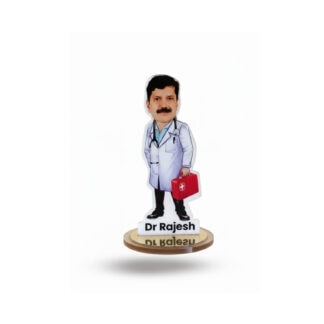 Custom caricature of Dr. Rajesh in medical attire holding a red medical bag.