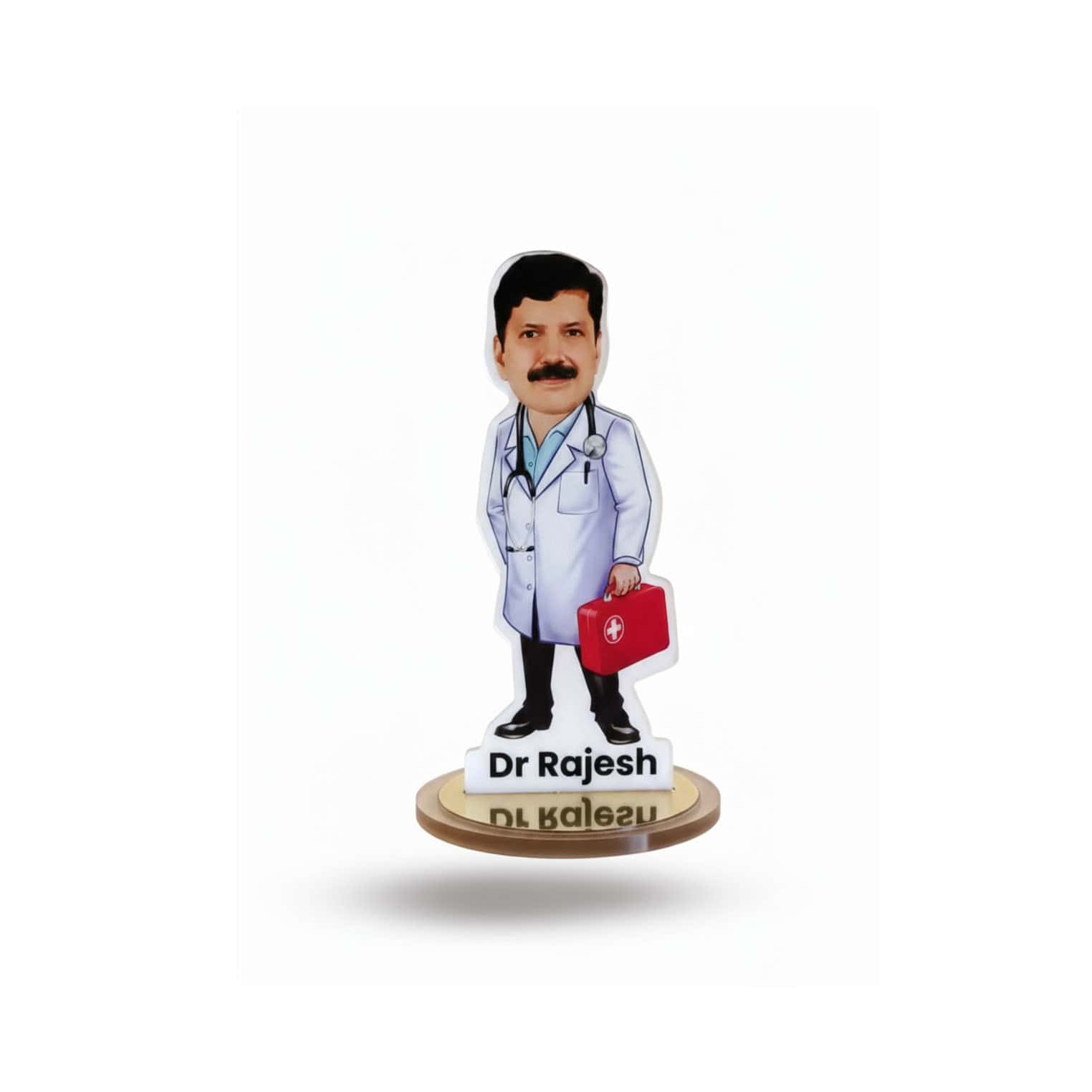 Custom caricature of Dr. Rajesh in medical attire holding a red medical bag.