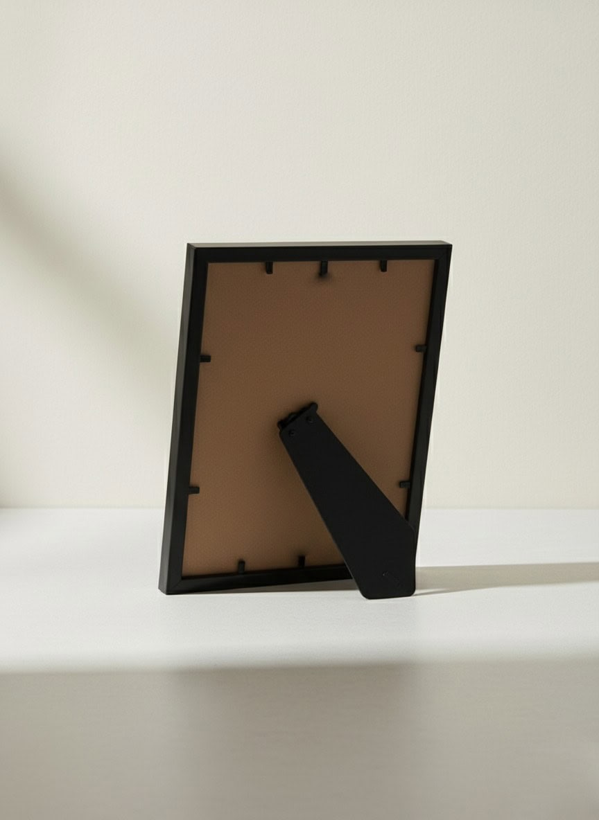 Modern black-framed clock with a minimalist design on a white surface.