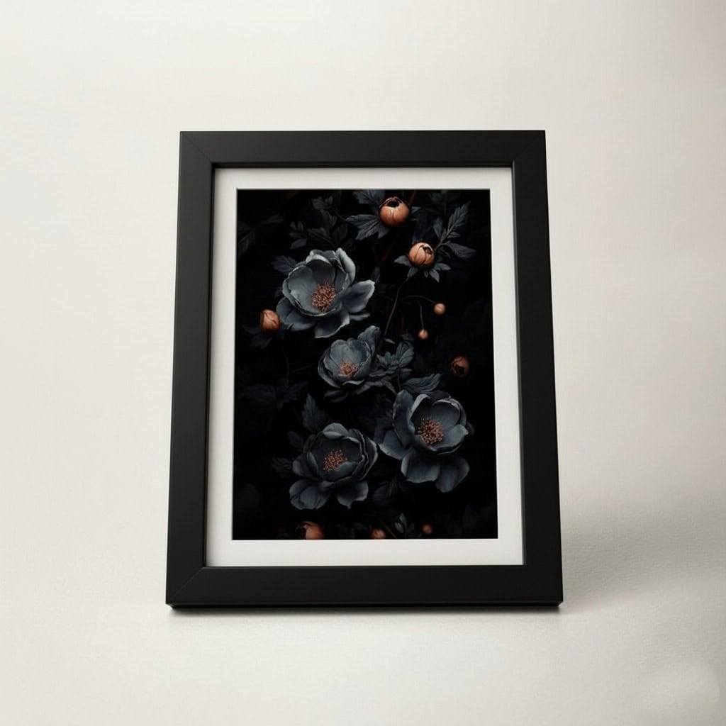 Stylish framed artwork featuring dark floral design with roses and berries.