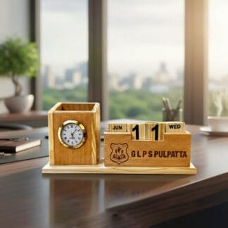 Custom wooden desk organizer with clock and perpetual calendar for office decor.