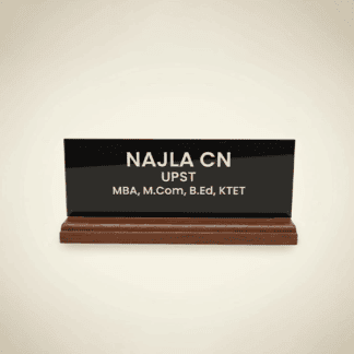 Acrylic name plate with black background and wooden base, personalized with engraved text.
