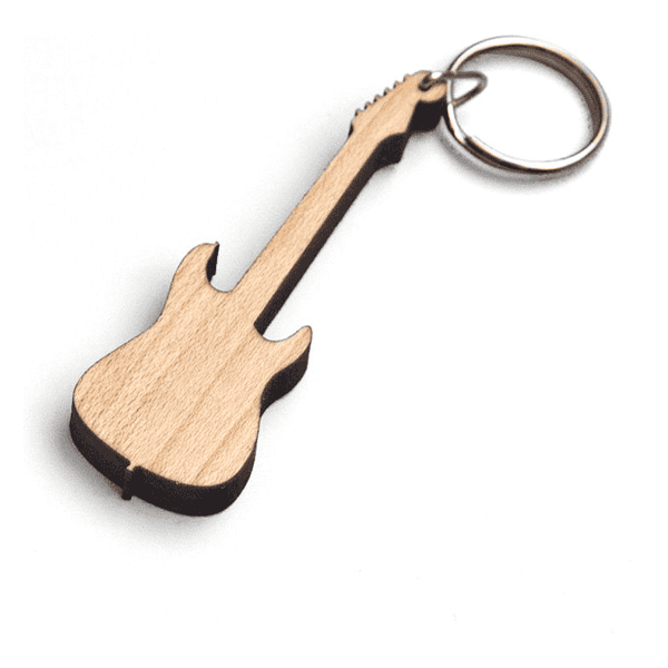 Wooden guitar-shaped keyring for personalized accessories and gifts.
