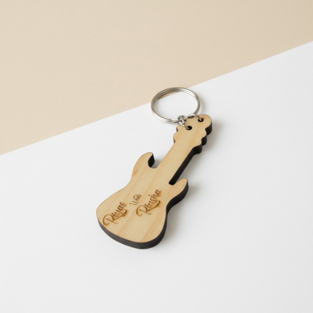 Custom Engraved Wooden Guitar Keychain for Gifts.