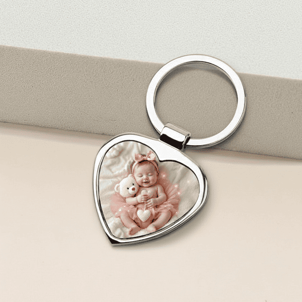 Personalized heart-shaped metal keychain featuring a baby photo for a special gift.