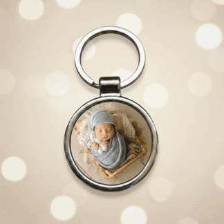 Personalized baby photo keychain for keepsakes and gifts.