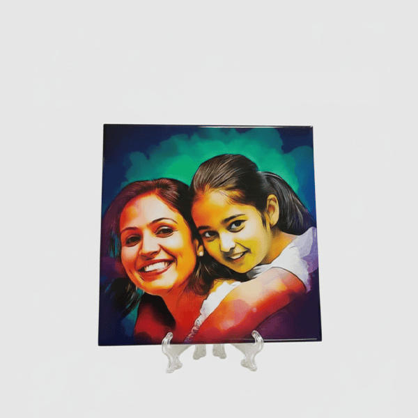 Custom photo tile with stand for personalized gifts.