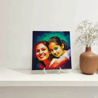 Custom photo tile with stand for personalized home decor.