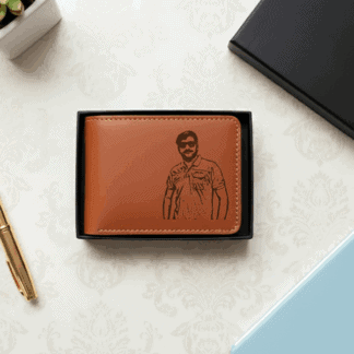 Engraved leather wallet featuring a personalized sketch of a man, perfect for a unique gift.