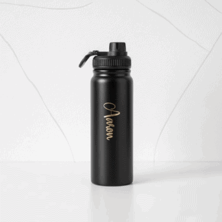 Black stainless steel water bottle with personalized gold script "Anew".