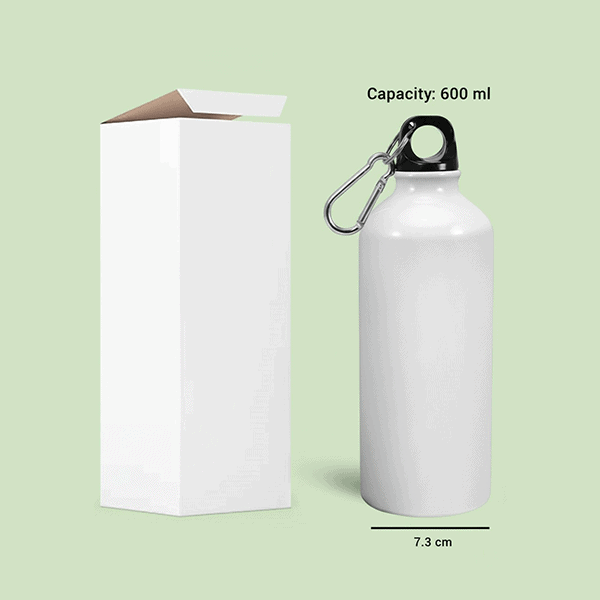 Aluminium sublimation bottle with 600ml capacity and carabiner clip. Perfect for personalized gifts.