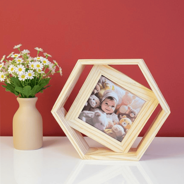 Beautiful hexagonal wooden photo frame with swivel feature for personalized photos. Perfect for styl.