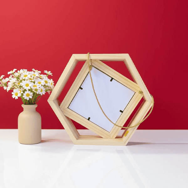 Personalized hexagonal photo frame with swivel feature, perfect for displaying cherished memories un.