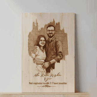 Custom engraved wooden photo frame with couple's image and text.