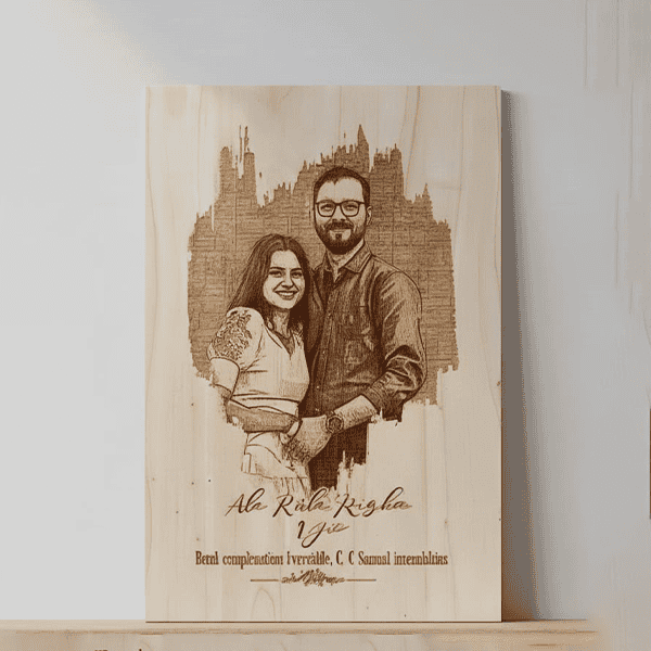 Custom engraved wooden photo frame with couple's image and text.