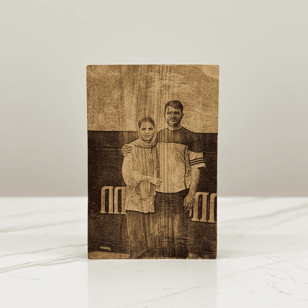 Engraved wooden photo frame featuring a personalized couple portrait, perfect for commemorating spec.