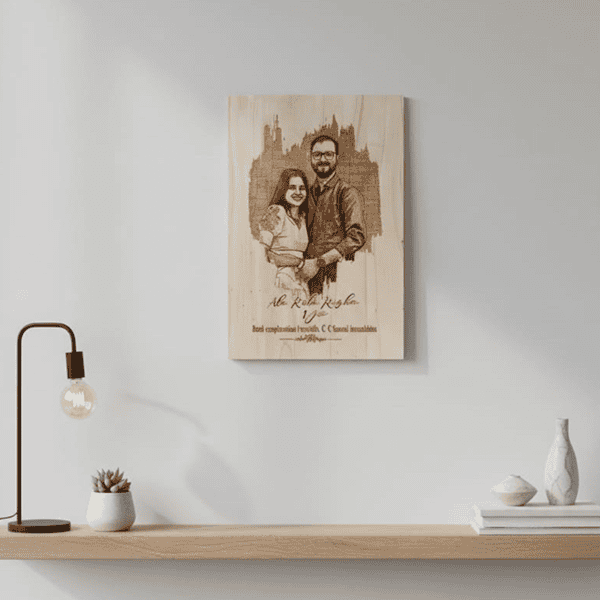 Custom laser-engraved wood photo plaque with couple's image.