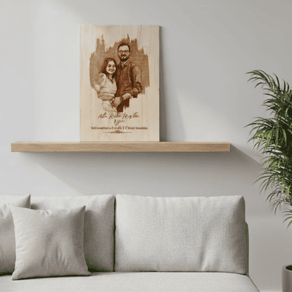 Engraved wooden photo plaque of a couple, personalized with their image and signature.