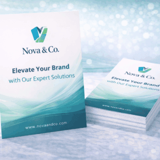 Custom business cards with Nova & Co branding on textured background.