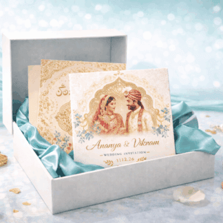 Personalized wedding invitation featuring intricate traditional design.