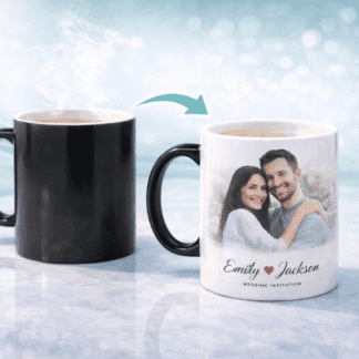 Custom photo mug with couple's image and personalized text for special occasions.