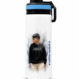 White Custom Water Bottle with Photo Print on One Side & Personalized Text