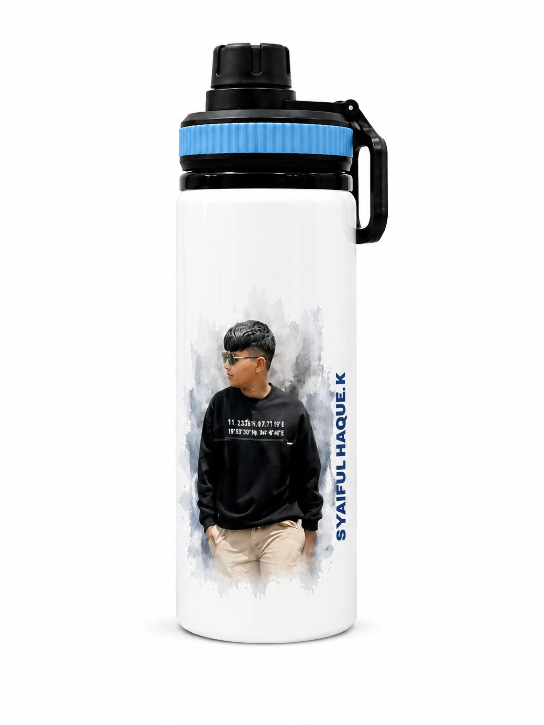 White Custom Water Bottle with Photo Print on One Side & Personalized Text