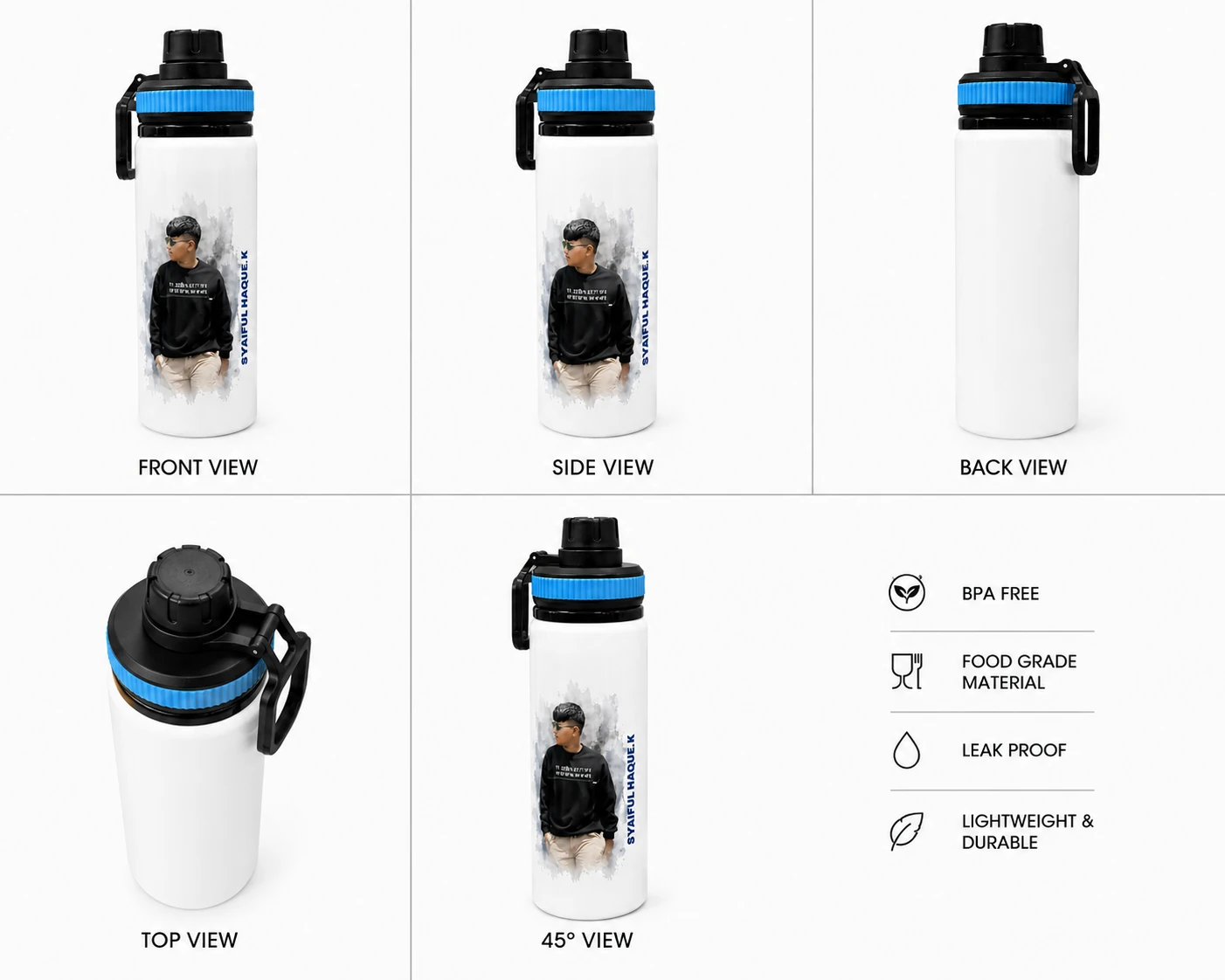 White Custom Water Bottle with Photo Print on One Side & Personalized Text - Image 2