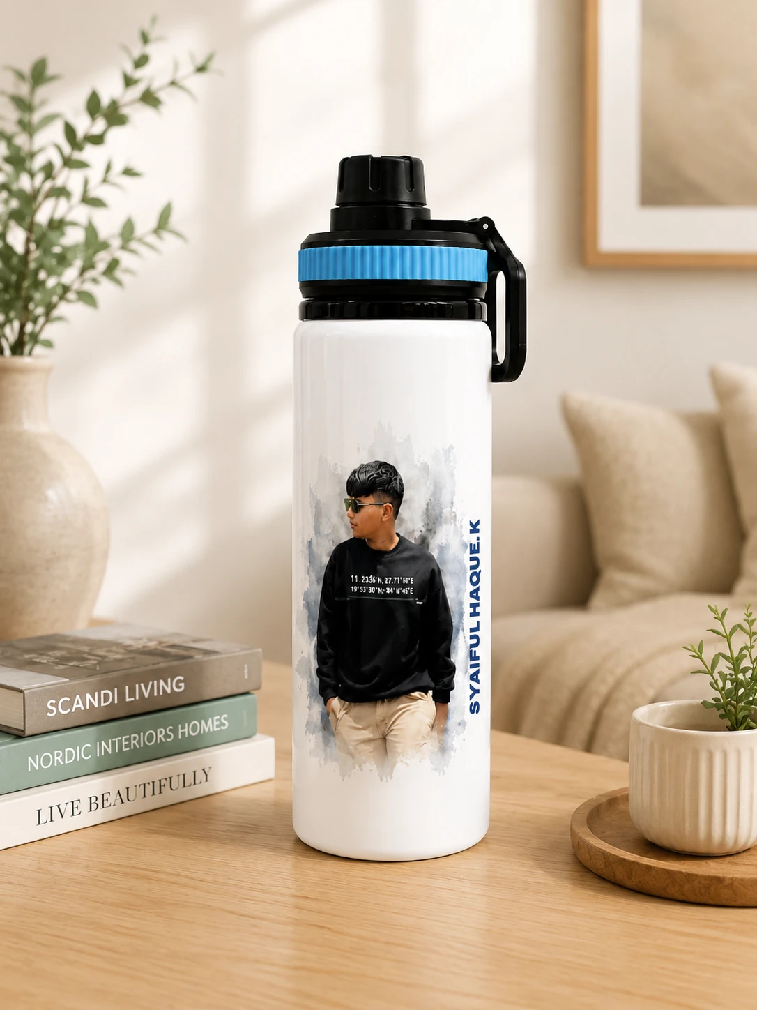 White Custom Water Bottle with Photo Print on One Side & Personalized Text - Image 3