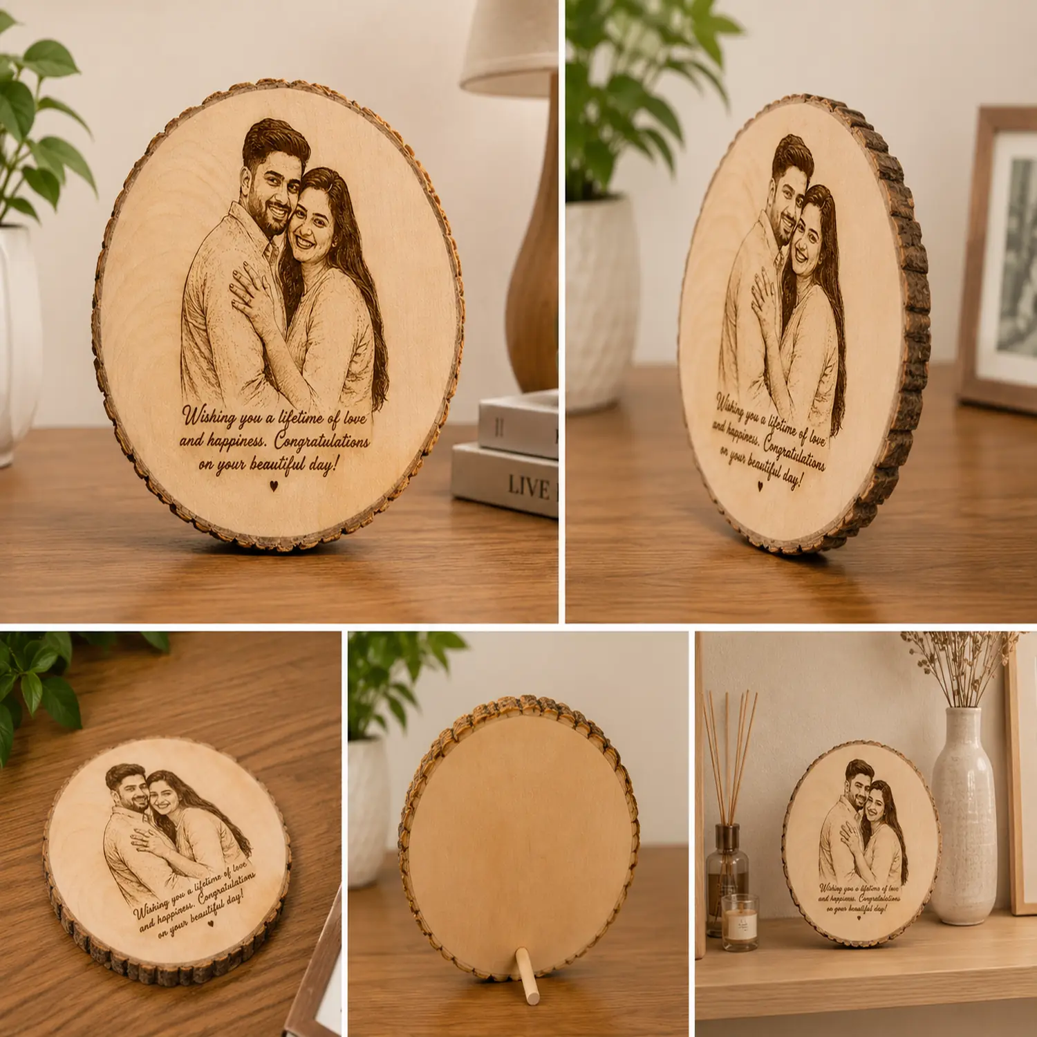 Personalized Wooden Slice Photo Frame with Laser Engraved Photo and Text - Image 2