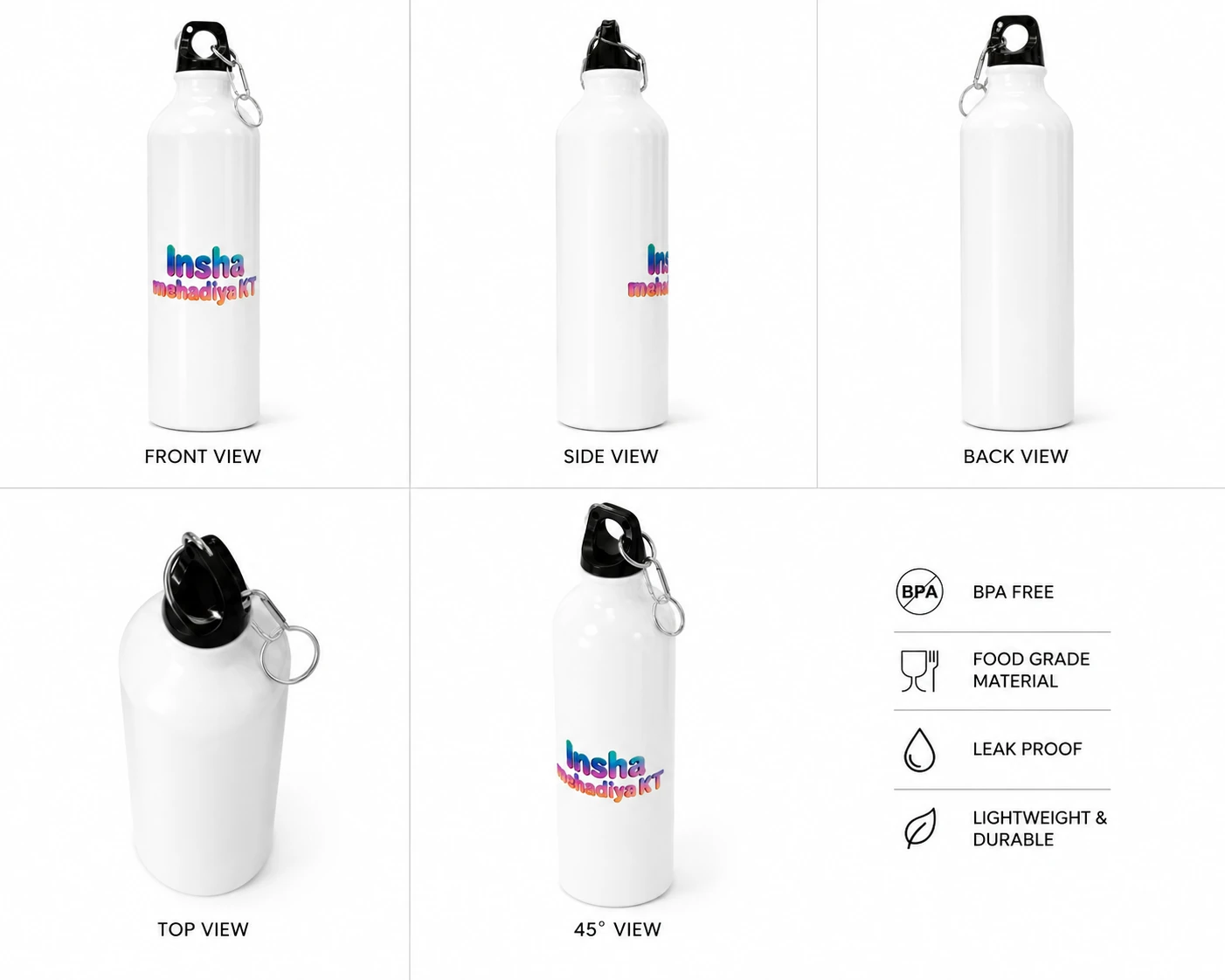 White Aluminum Sipper Water Bottle with Personalized Rainbow-Gradient Name - Image 2