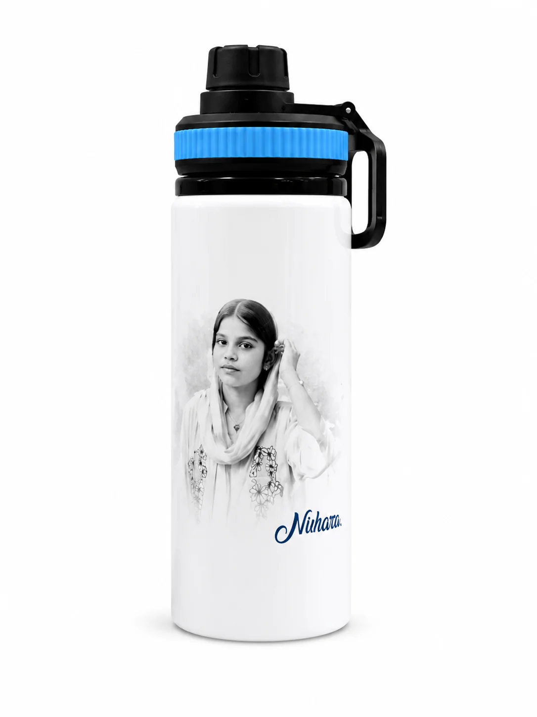 Personalized White Sipper Bottle with Black-and-White Printed Photo & Name - Image 2