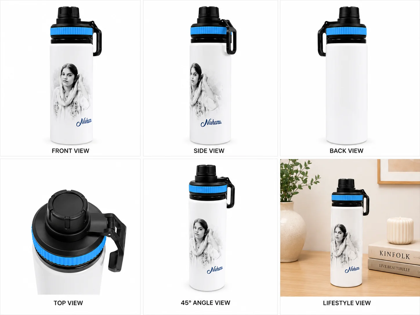 Personalized White Sipper Bottle with Black-and-White Printed Photo & Name - Image 3