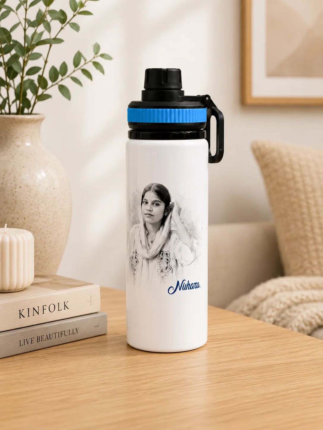 Personalized White Sipper Bottle with Black-and-White Printed Photo & Name - Image 4