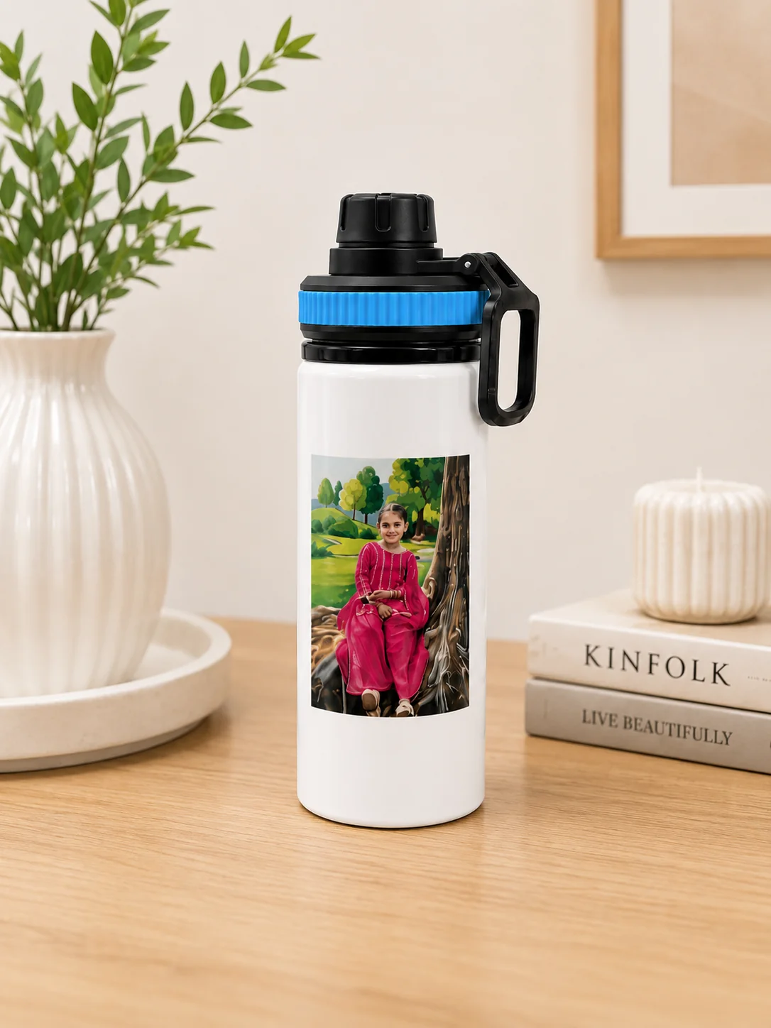White Aluminum Bottle with Customizable Sublimation Print of a Photo - Image 4