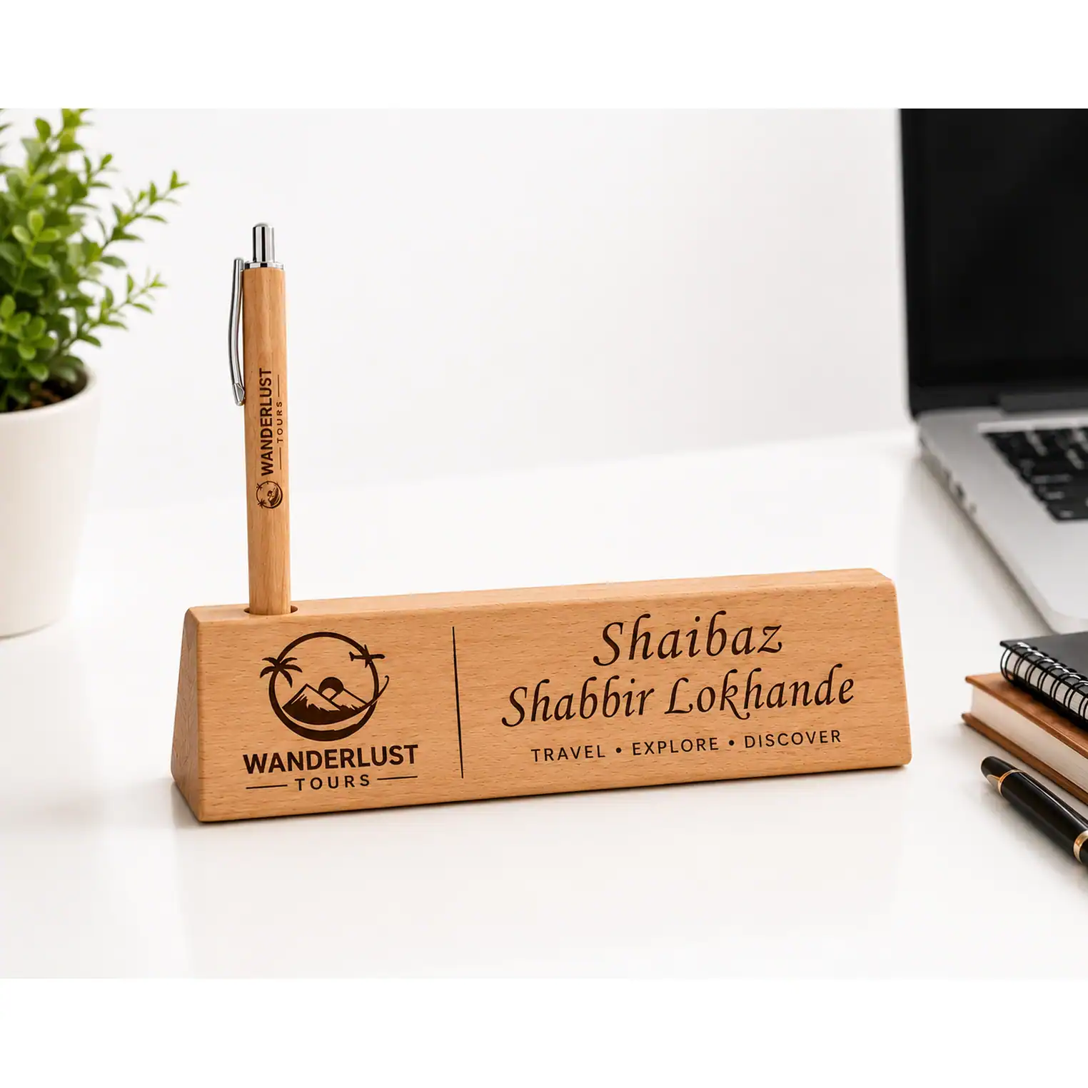 Wooden Engraved Logo Printed Pen Stand with Pen - Image 3