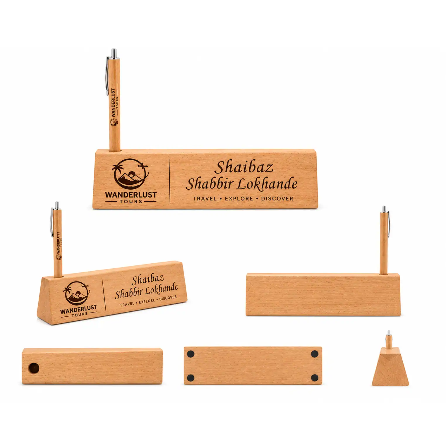 Wooden Engraved Logo Printed Pen Stand with Pen - Image 2