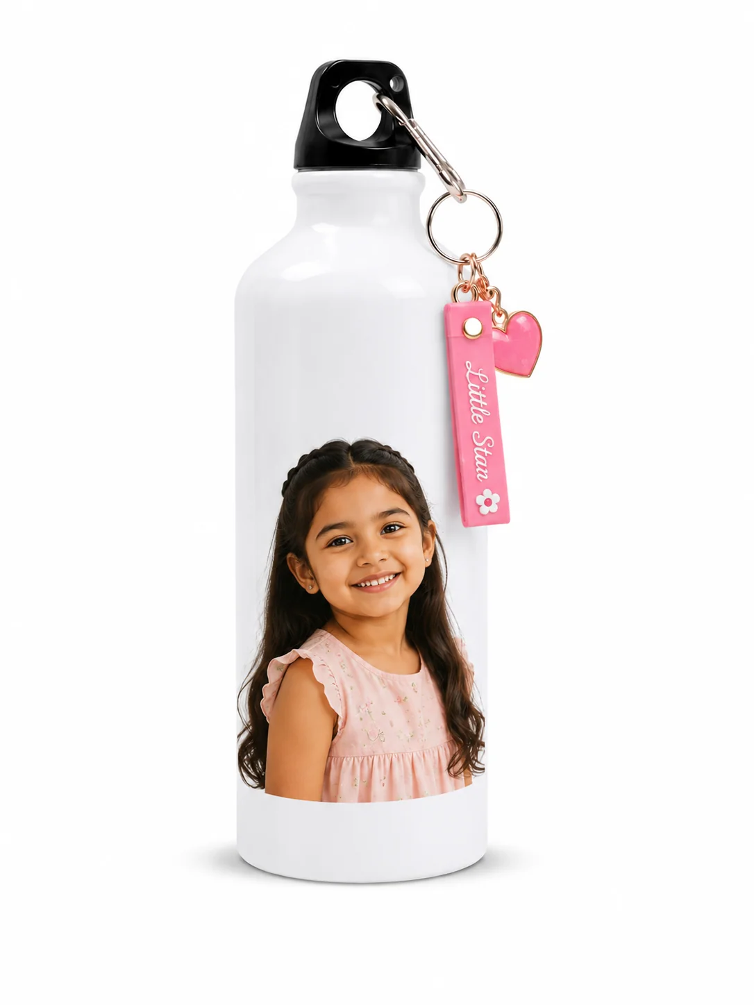 Personalized White Aluminum Bottle with Custom Photo and Pink Keychain - Image 2