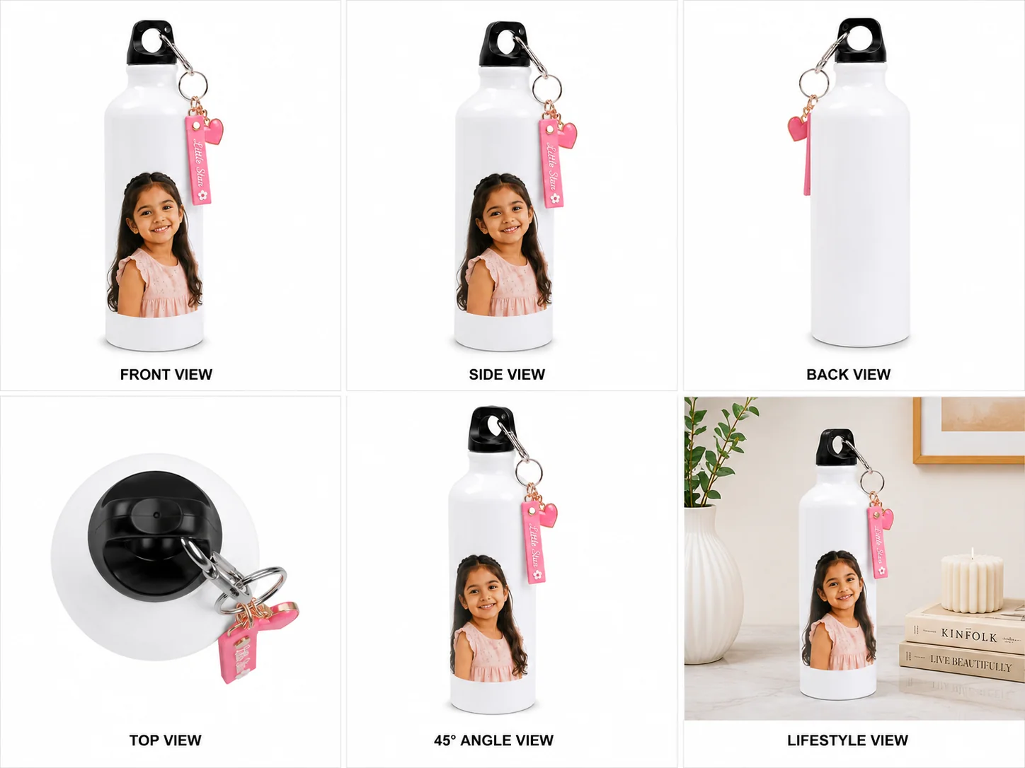 Personalized White Aluminum Bottle with Custom Photo and Pink Keychain - Image 3