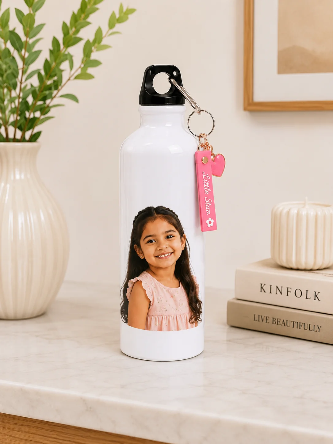 Personalized White Aluminum Bottle with Custom Photo and Pink Keychain - Image 4