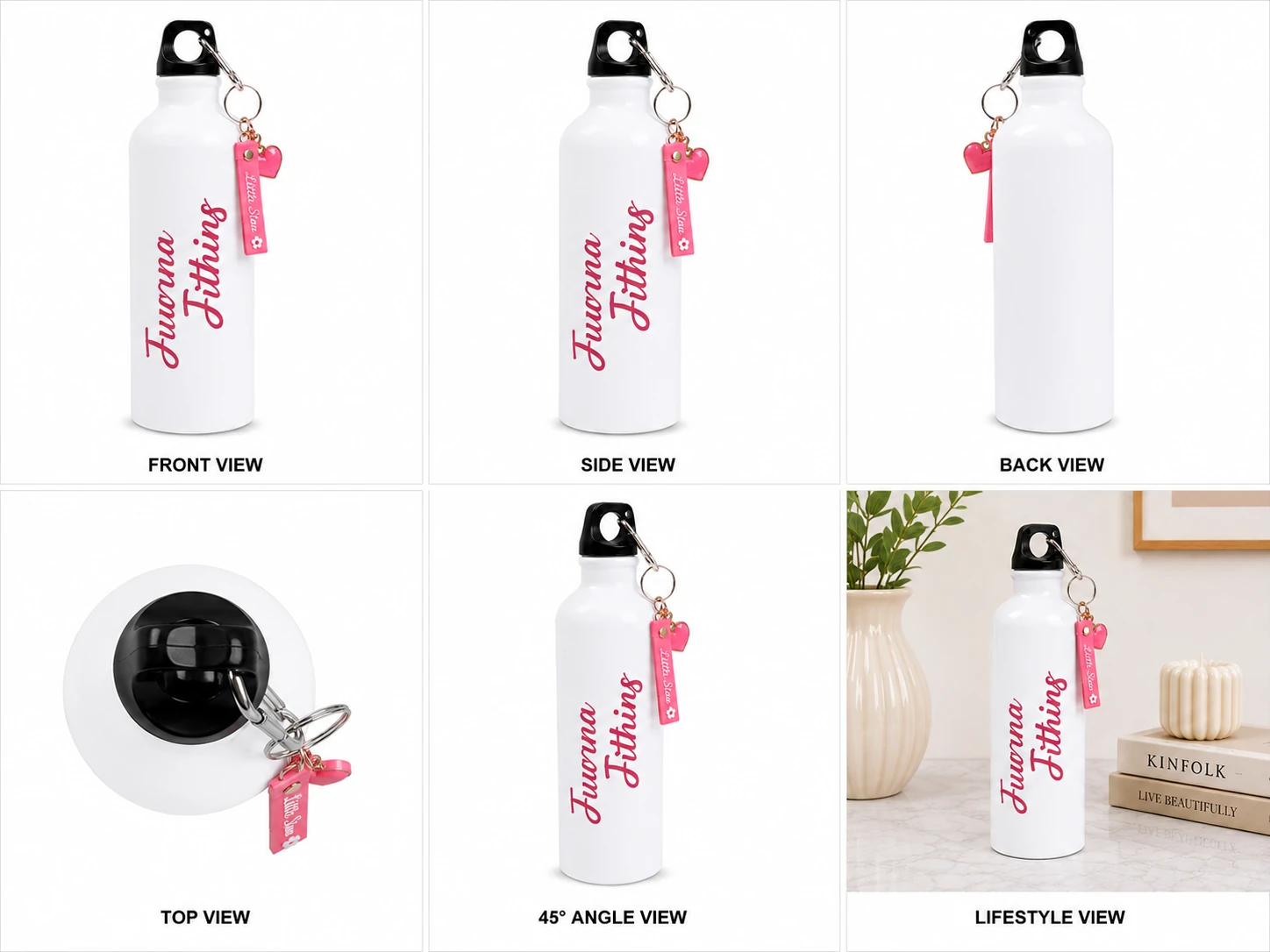 White Aluminum Bottle with Pink Cursive Name and Matching Keychain - Image 3