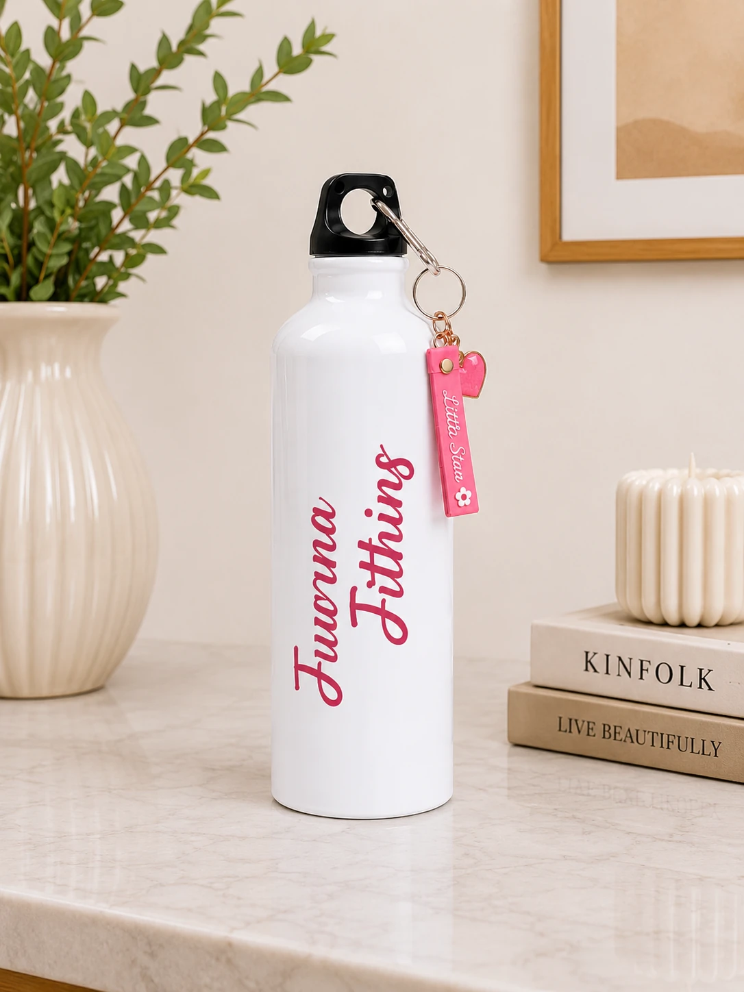 White Aluminum Bottle with Pink Cursive Name and Matching Keychain - Image 2