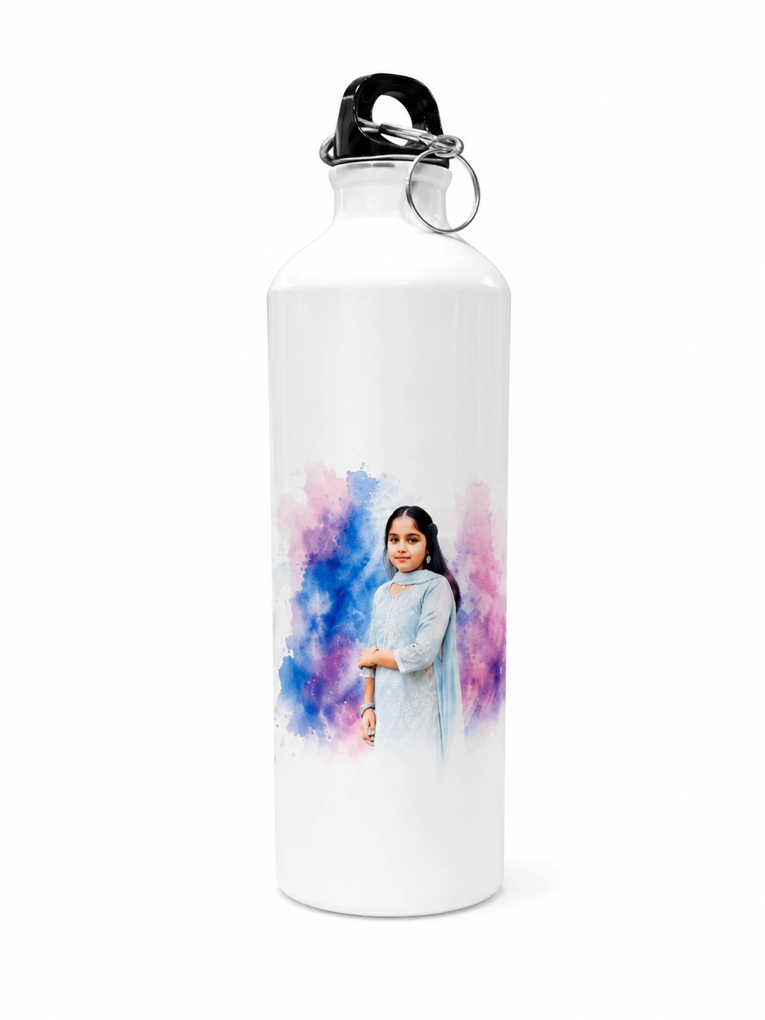 Personalized White Metal Bottle with Photo Print With Watercolor Effects - Image 2