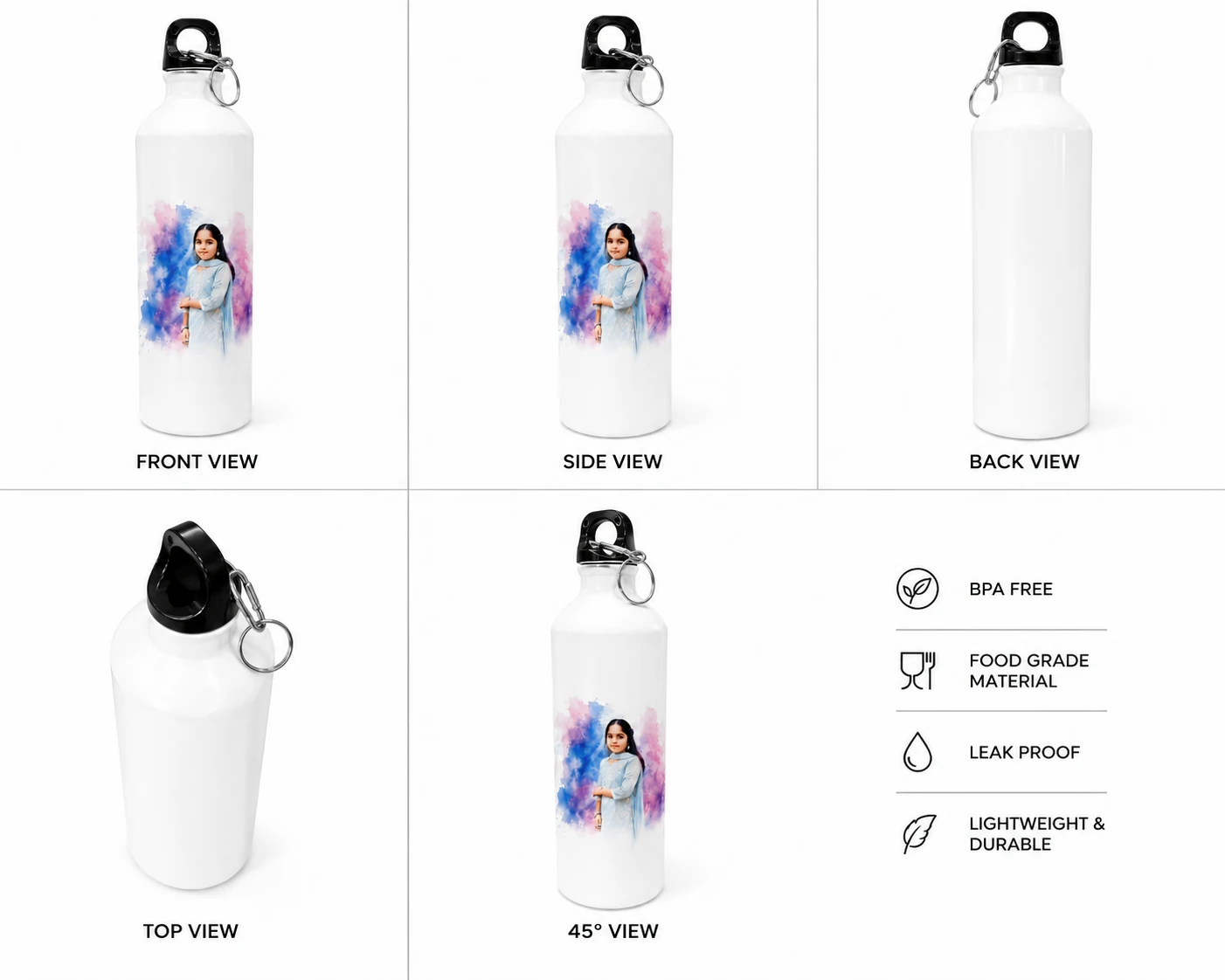 Personalized White Metal Bottle with Photo Print With Watercolor Effects - Image 3