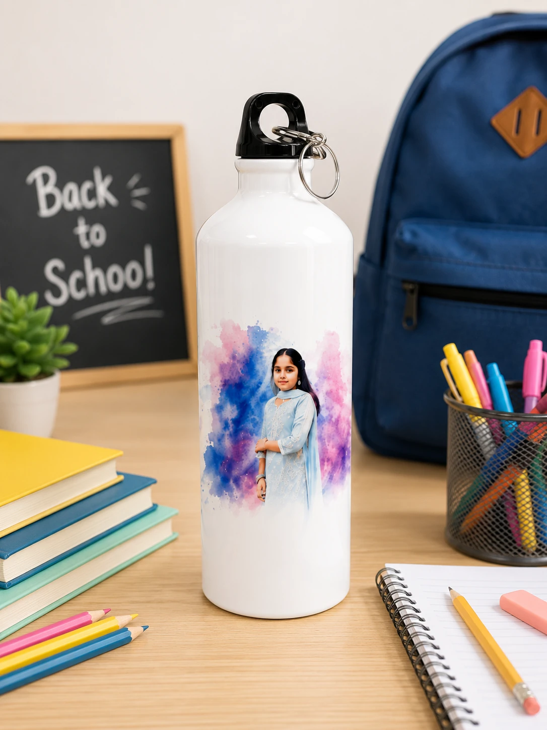 Personalized White Metal Bottle with Photo Print With Watercolor Effects - Image 4