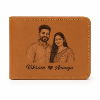 Personalized Tan Leather Wallet with Custom Sketch Engraving and Names